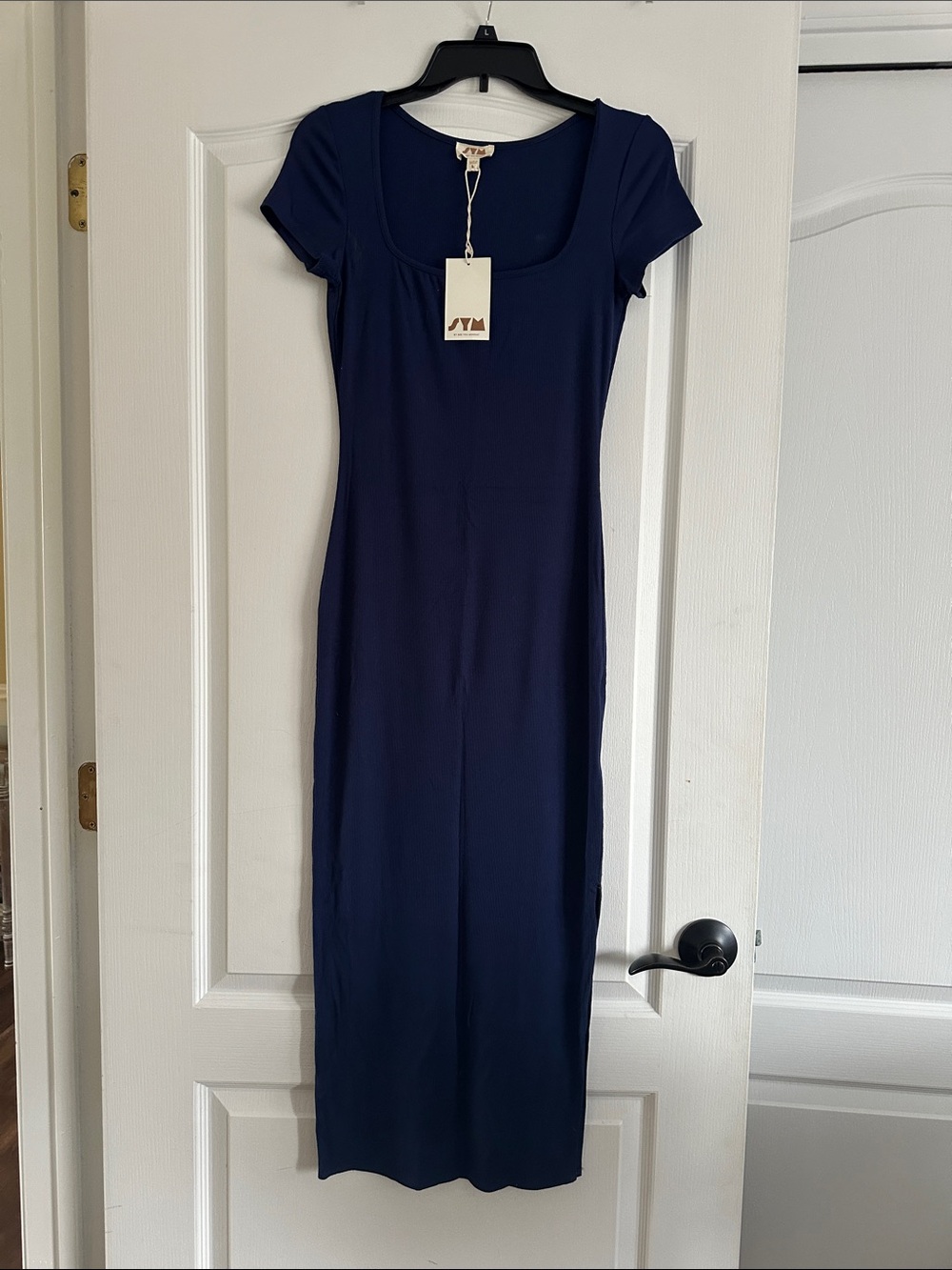 See you Monday robbed knit navy blue midi tee shirt dress size large NWT
